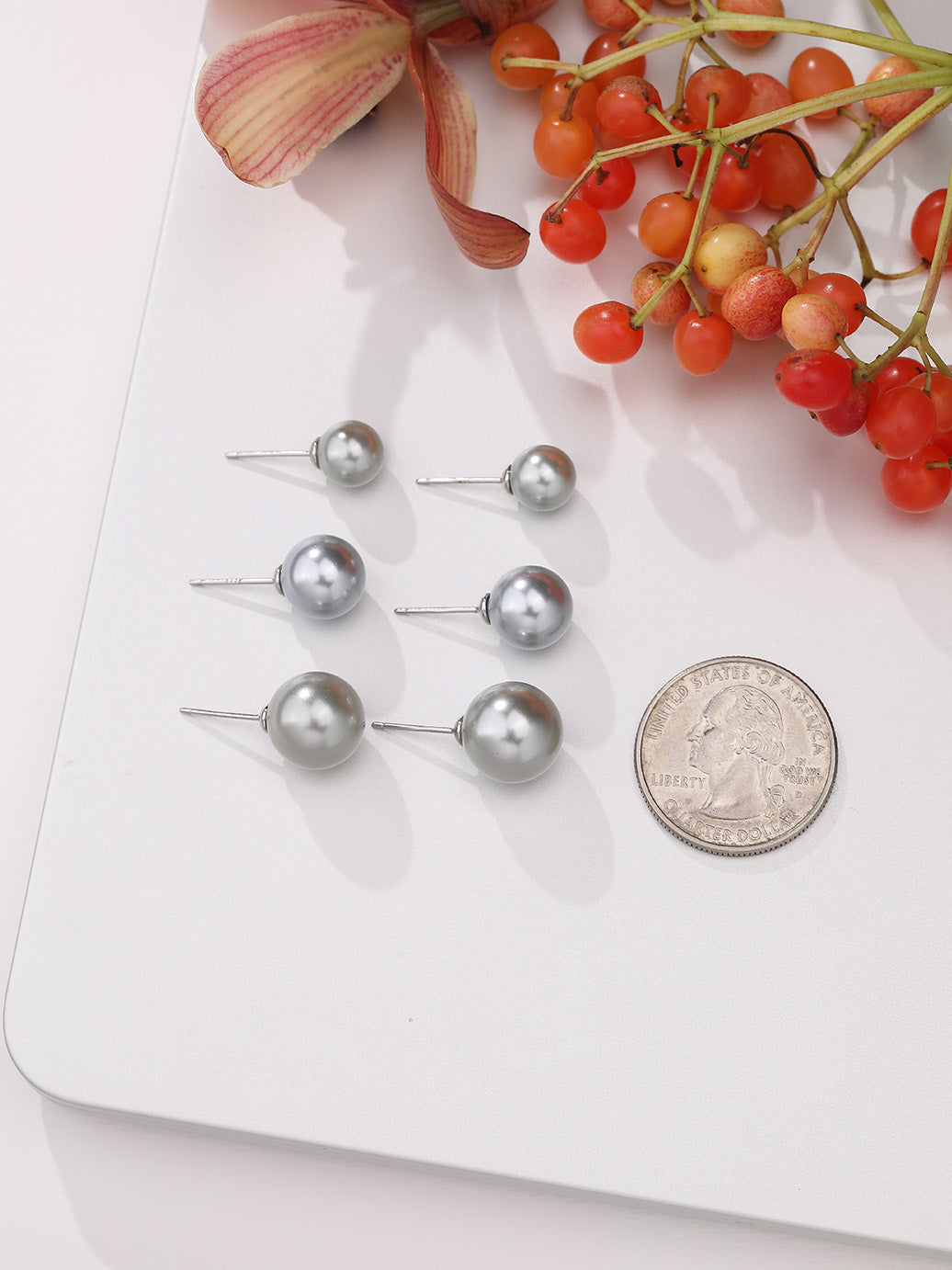 Silver Grey Large Pearl Stud Earring Set