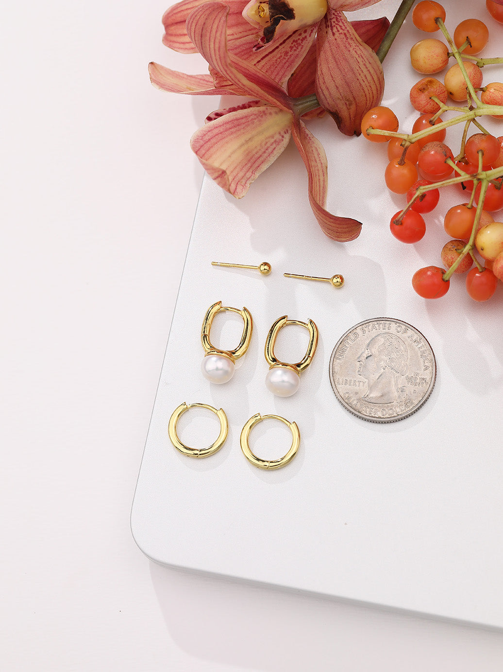 Natural Freshwater Pearl Gold Huggie Earring Set