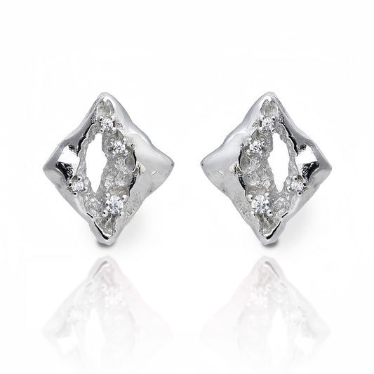 Geometric Silver Nugget Stud Earrings