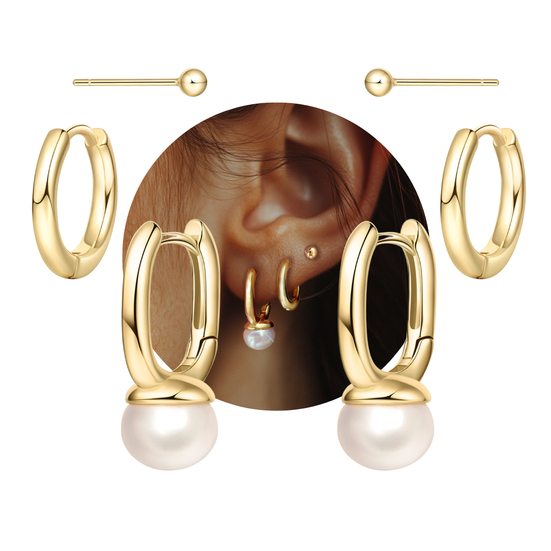 Natural Freshwater Pearl Gold Huggie Earring Set