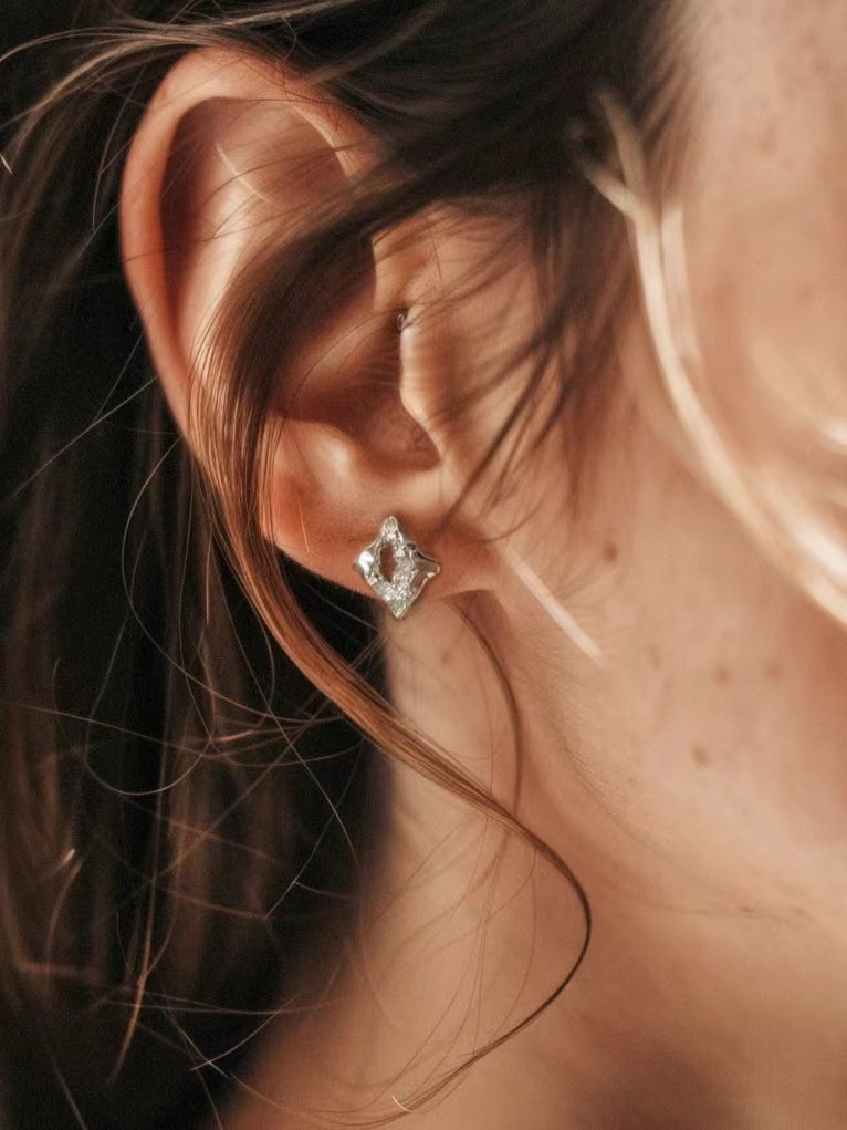 Geometric Silver Nugget Stud Earrings