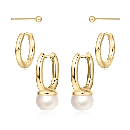 Natural Freshwater Pearl Gold Huggie Earring Set