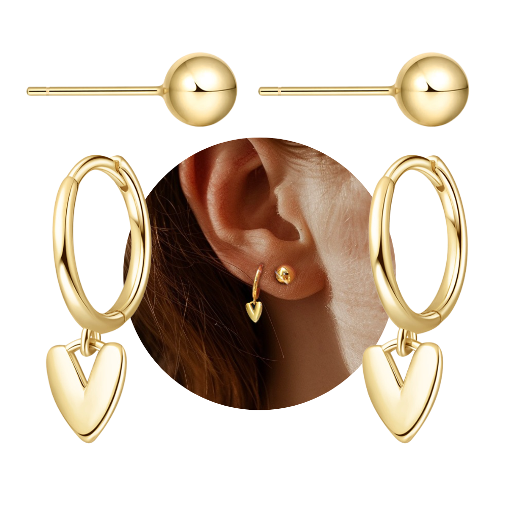 Heart Drop Gold Huggies Earring Set